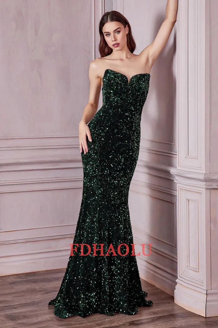 Fdhaolu Aangepaste Kleur/Maat Sexy Strapless Lovertjes Vloer Lengte Feestjurk Rugloze Bodycon Zeemeermin Maxi Jurk Rood Zwart