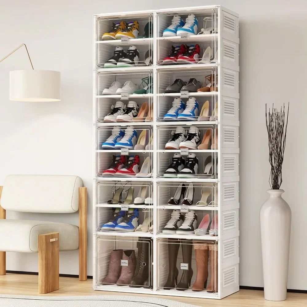 Shoe Storage with Magnetic Door Hard Plastic Stackable Shoes Box 9 Tiers 36 Pairs Folding Shoe Rack