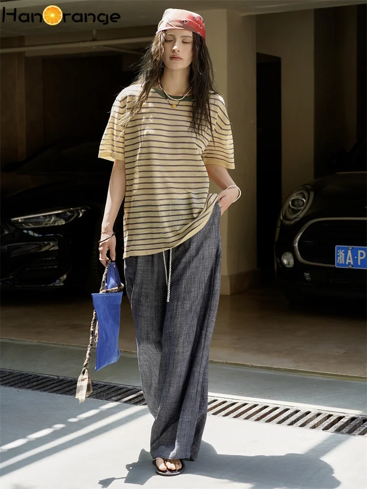 HanOrange 2025 Camiseta de punto a rayas con contraste de dopamina de verano para mujer, camisetas ligeras y transpirables, amarillo/rosa