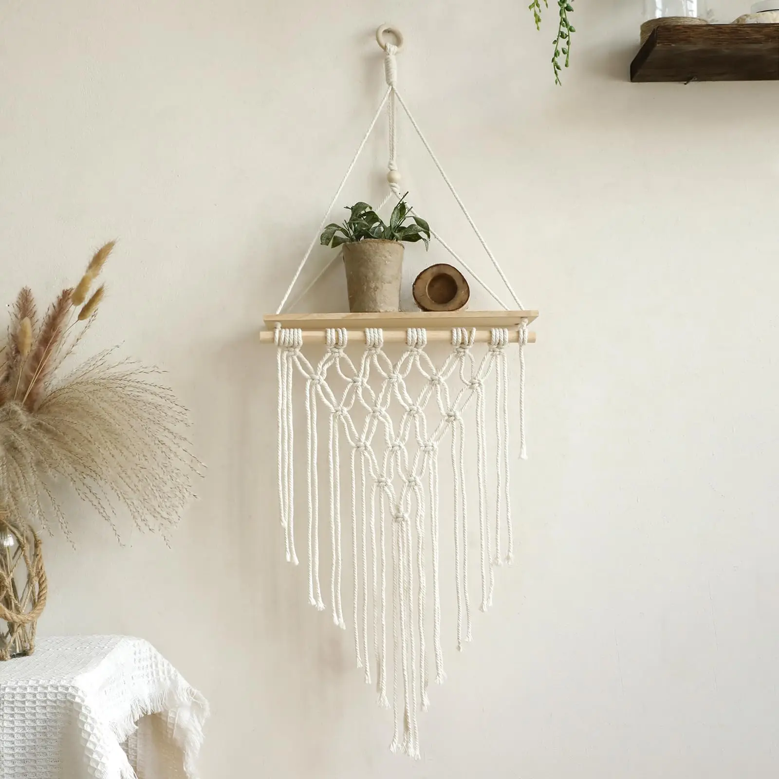 Macrame Wooden Floating Shelves Wall Hanging Plant Shelf Boho Storage Display Shelf  Bedroom Home Kids Room Living Decor Gift