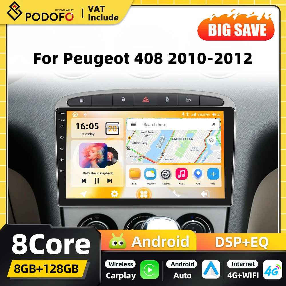 Podofo 4G Carplay 2DIN Android Radio Multimedia para coche, reproductor para Peugeot 308 408 2007 2008-2015 DSP, navegación GPS, WIFI, RDS, Bluetooth, Android, autoradio, receptor FM