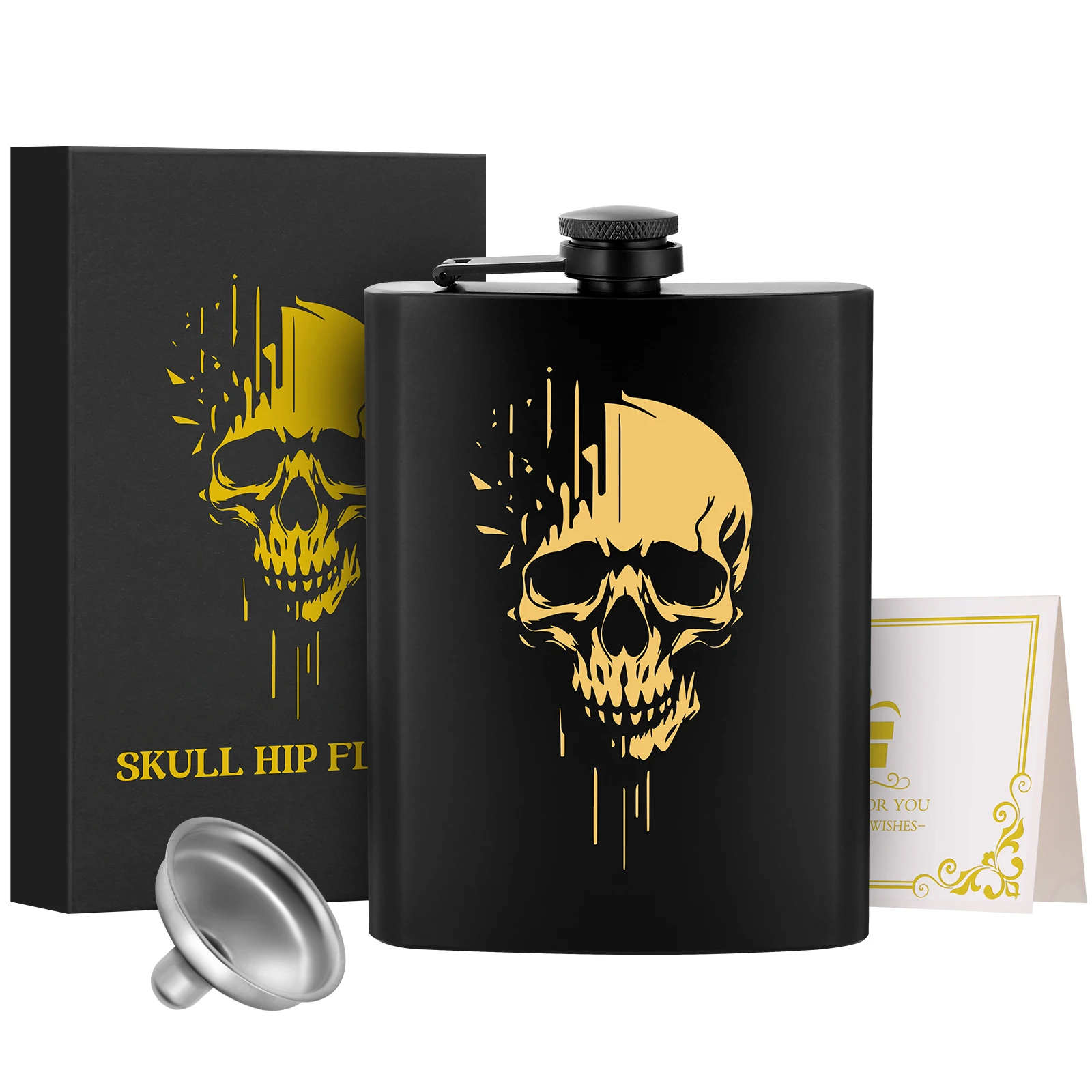8 oz Black/Silver Portable Elk/Skull Pattern Hip Flask Metal Stainless Steel Wine Bottle with Funnel Gift for Wine Lovers