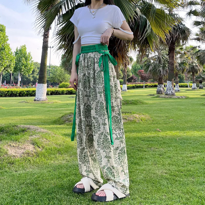 

Summer Chinese Wide Leg Pants for Women Thin Ice Silk Casual Ribbon Design Trousers High Waist Drap Ink Painting Straight Pants