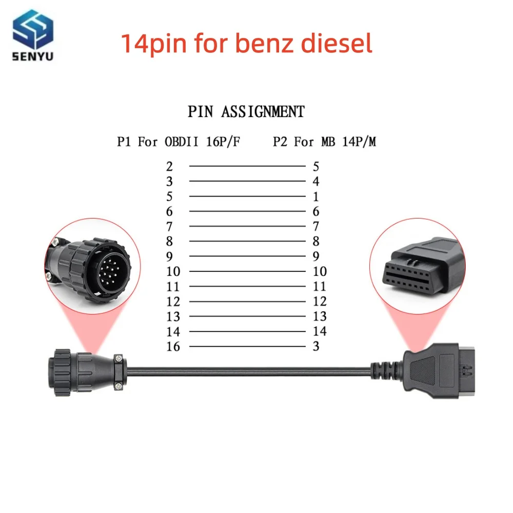 OBD2 Cable For Benz 14pin to OBDII 16 Pin Cable 14 Pin Plug Cable OBD 2 Car Diagnostic Extension Cable Auto Scanner Tool