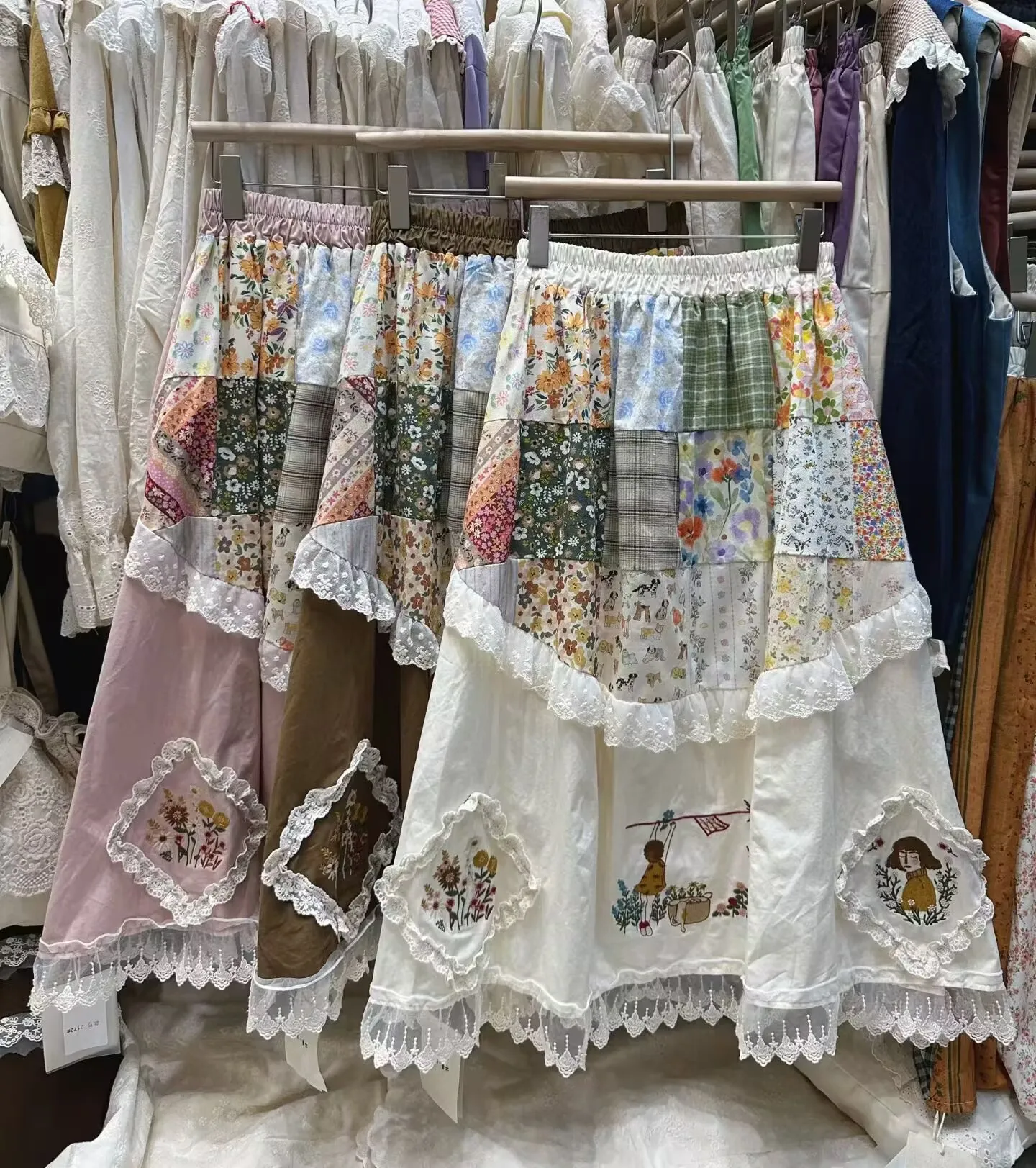 

Winter Sweet Vintage Lace Patchwork Skirt Women Japanese Mori Girl High Waist Embroidery Thick Loose A-Line Skirt Faldas