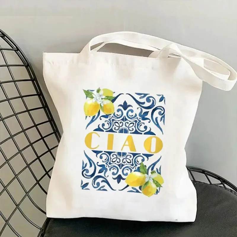 

Chic "CIAO" Printed Canvas Tote Bag Durable, Machine Washable, No-Closure Women'S Handbag , Ideal for Casual Outing