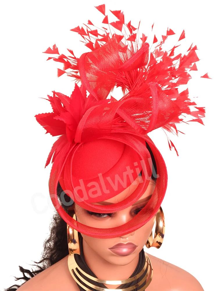 

Red Hair Feather Fascinator Hats Women Wedding Church Formal Headpeice Ladies Race Pillbox Fascinator Headband Feather Derby Hat