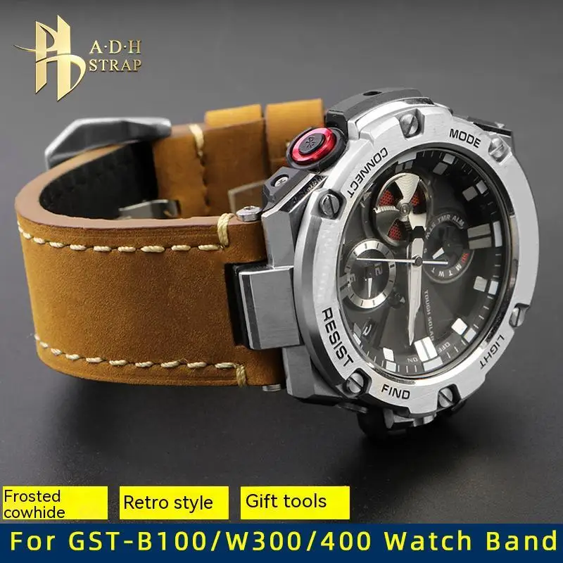 Correa de piel de vaca esmerilada para hombre, conector hembra para casiog-shock GST-B100/W300/400G/S120/W130L, correa de reloj de cuero genuino de 26mm