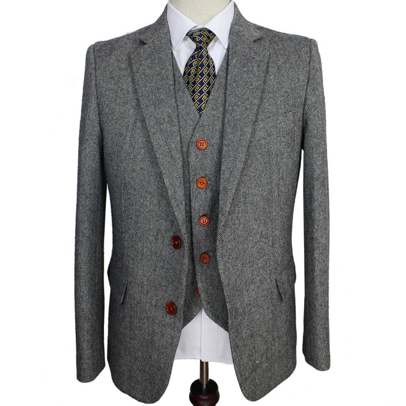 

Lansboter Grey Men Suit Retro Gentleman Style Classic Tweed Tailor Wedding Custom Made Slim Fit Blazer 3Pcs Jacket Pants Vest