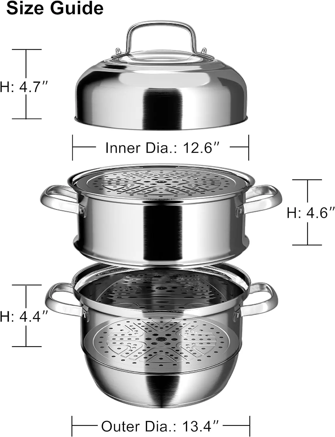 Large Steamer for Cooking 3 Tier Steamer Pot 13 2/5 Inch Stainless Steel Steamer Steam Pots for Cooking