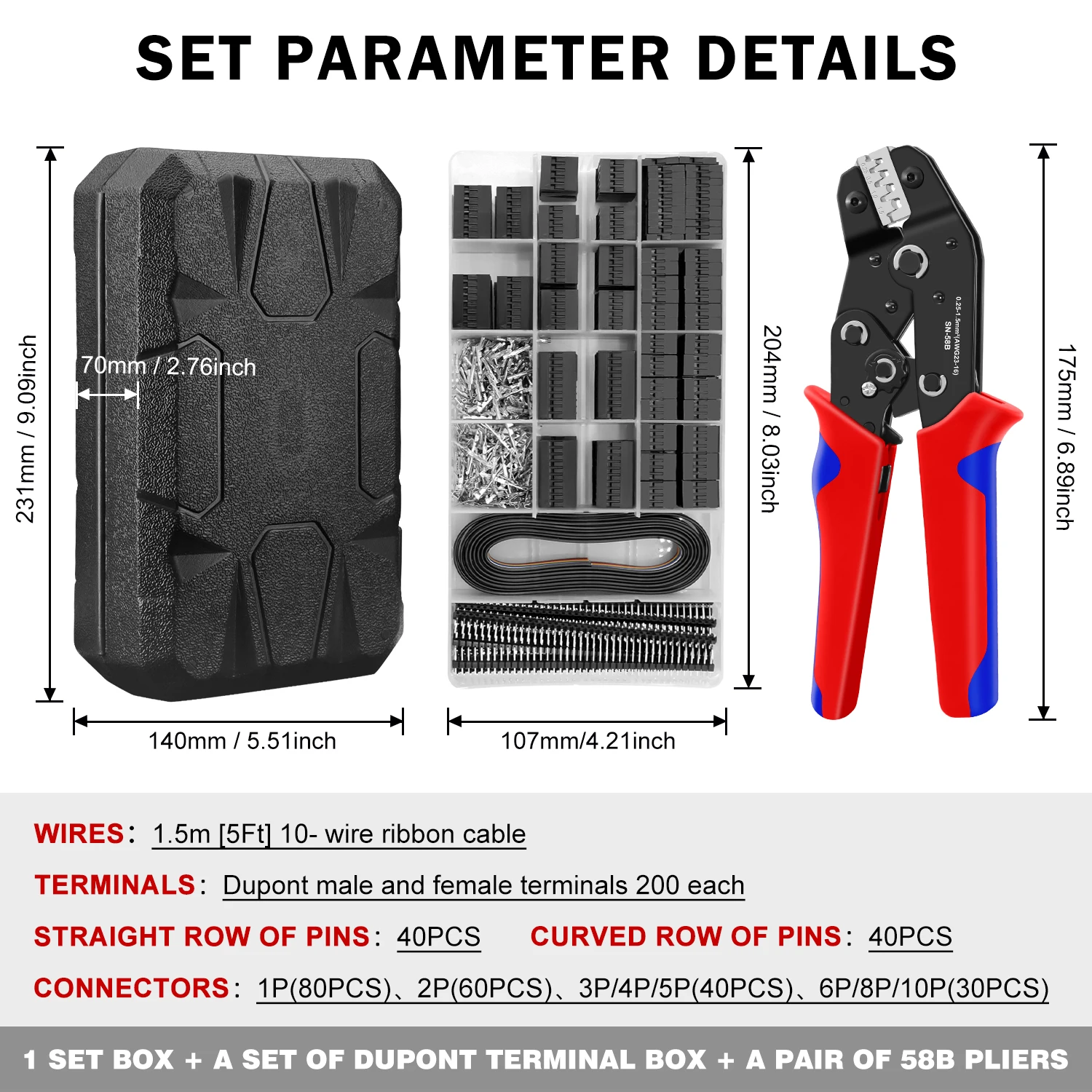 2.54mm Pitch Dupont Connector Crimping Tool Kit | SN-58B Wire Crimping Plier | 1550PCS Non-insulated Open Barrel Plier Set