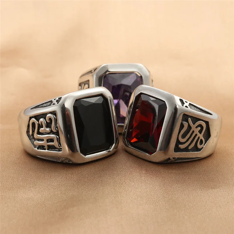 Vintage Gothic Lucifer Seal of Satan Signet Rings Punk Stainless Steel Seal Rings With Black Stone Pagan Jewelry Party Man Gift