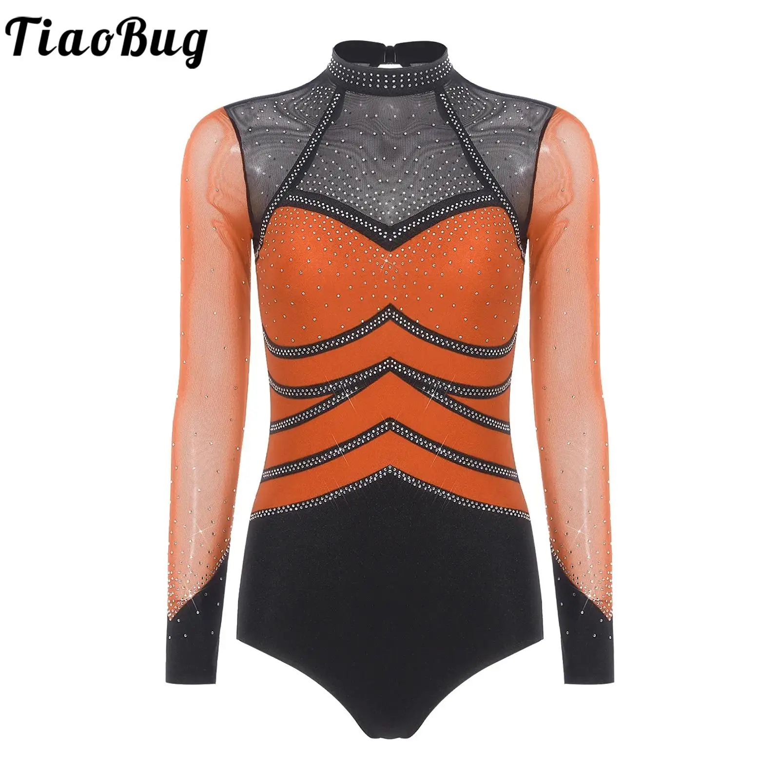 Vrouwen Strass Ritmische Maillots Gymnastiek Bodysuit Sheer Mesh Lange Mouw Kruis Knoppen Jumpsuit Kunstschaatsen Dancewear
