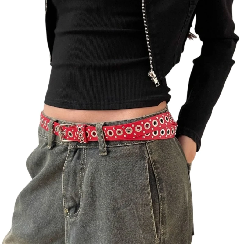 2000s Girl Casual Waist Belt for Pants Shorts Pin Buckle PU Waistband Rivet Studded Wide Belt for Jeans Girl Waiststrap