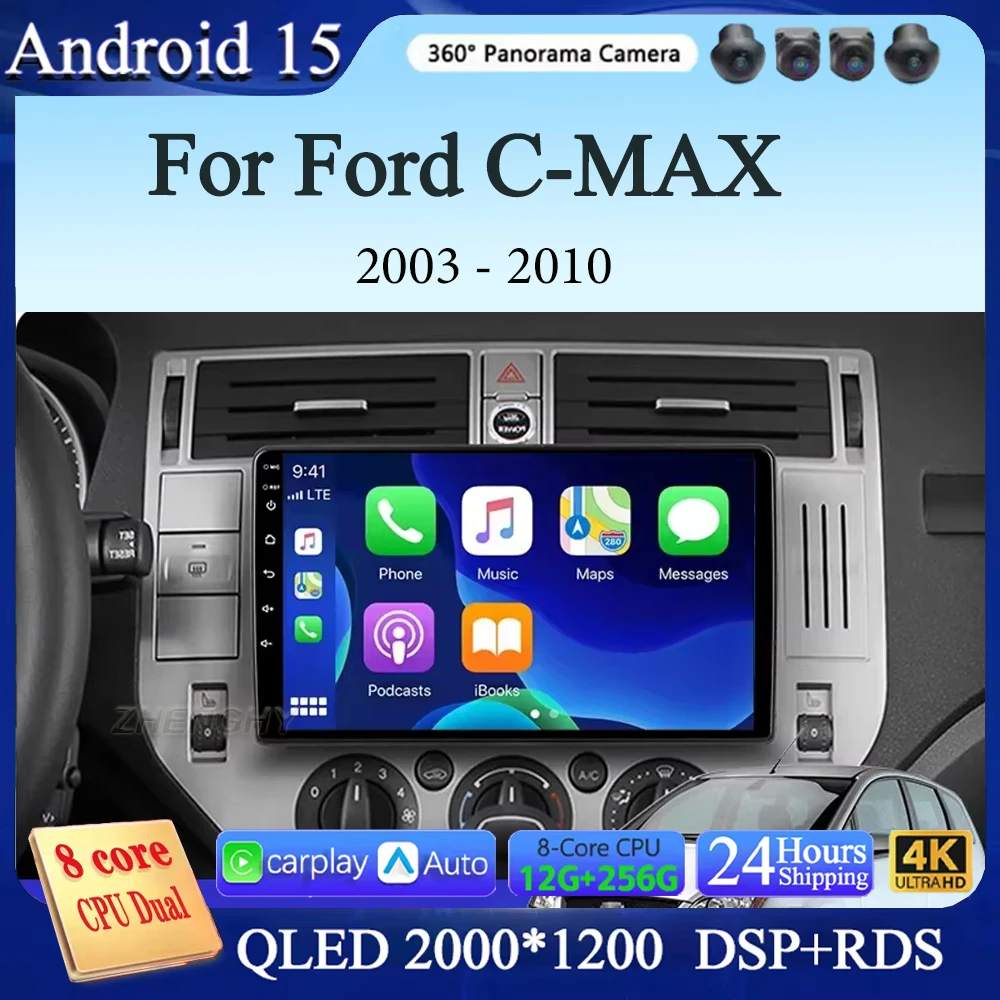 

Android 15 For Ford C-MAX 2003 - 2010 Carplay Auto 2K Screen Car Radio Multimedia Player WIFI+4G Autoradio Stereo 2din
