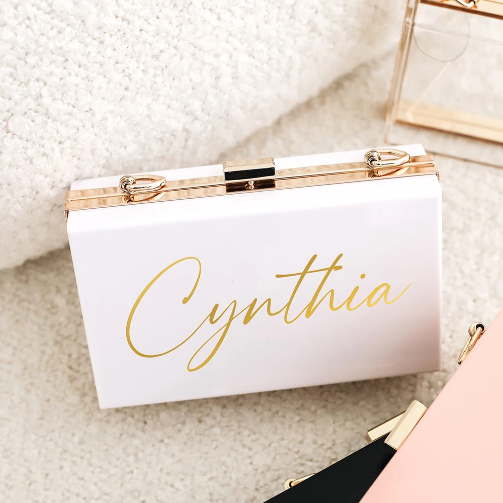 Personalized Acrylic Clutch Bag with Metal Chain Bridal Shower Party Bridesmaid Gifts Mrs Wedding Party Candy Color Clutch Purse