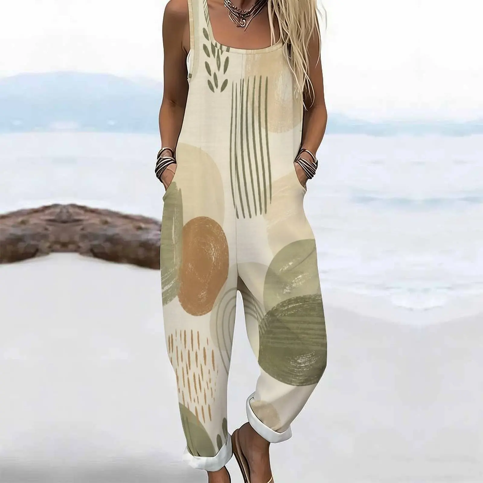Women Printed Jumpsuit Square Neck Sleeveless Wide Straps Loose Fit Pockets Cuffed Ankle view 5
