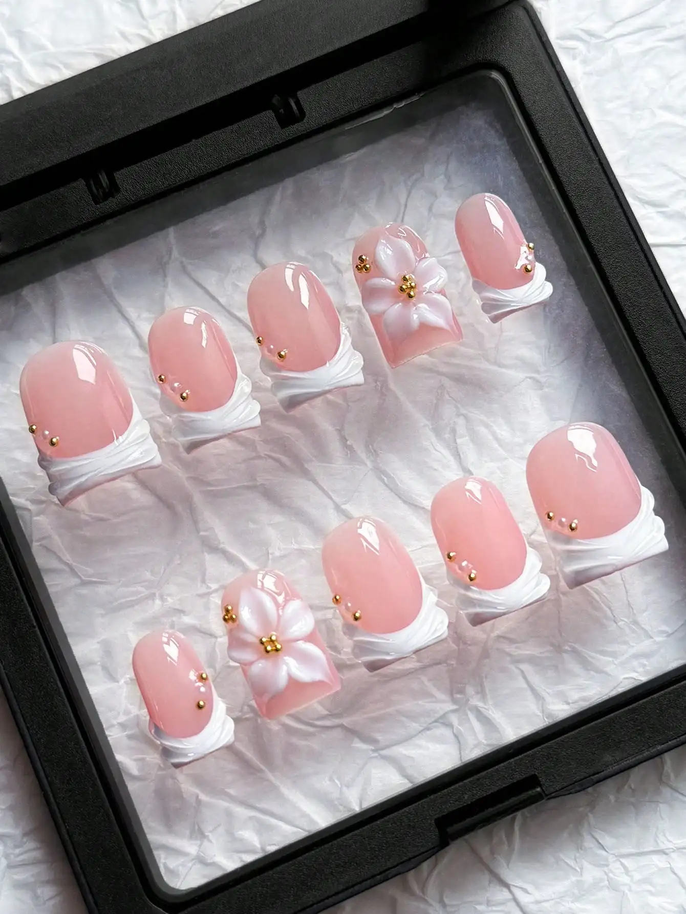

10pcs Square Handmade Nail Stickers, White French Tip, Minimalist Pink Base, 3D Embossed Floral Carved. For Spring/Summer Vacation, Daily & Wedding. Includes Gel & File.