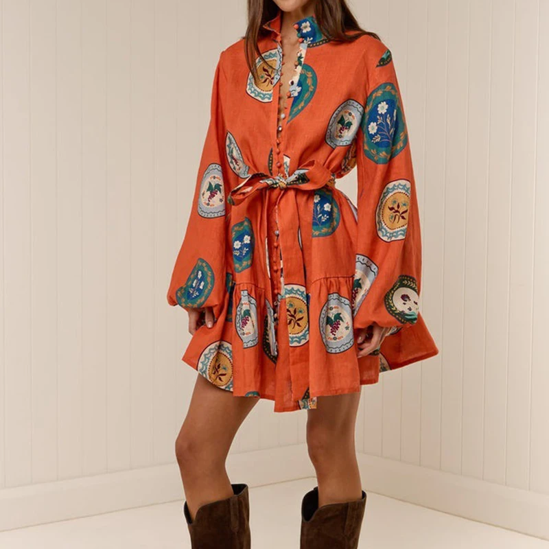 New Autumn Lantern Long Sleeve Boho Dress Vintage Pattern Print Lace-up Women Party Dress Spring Stand Collar Button Shirt Dress