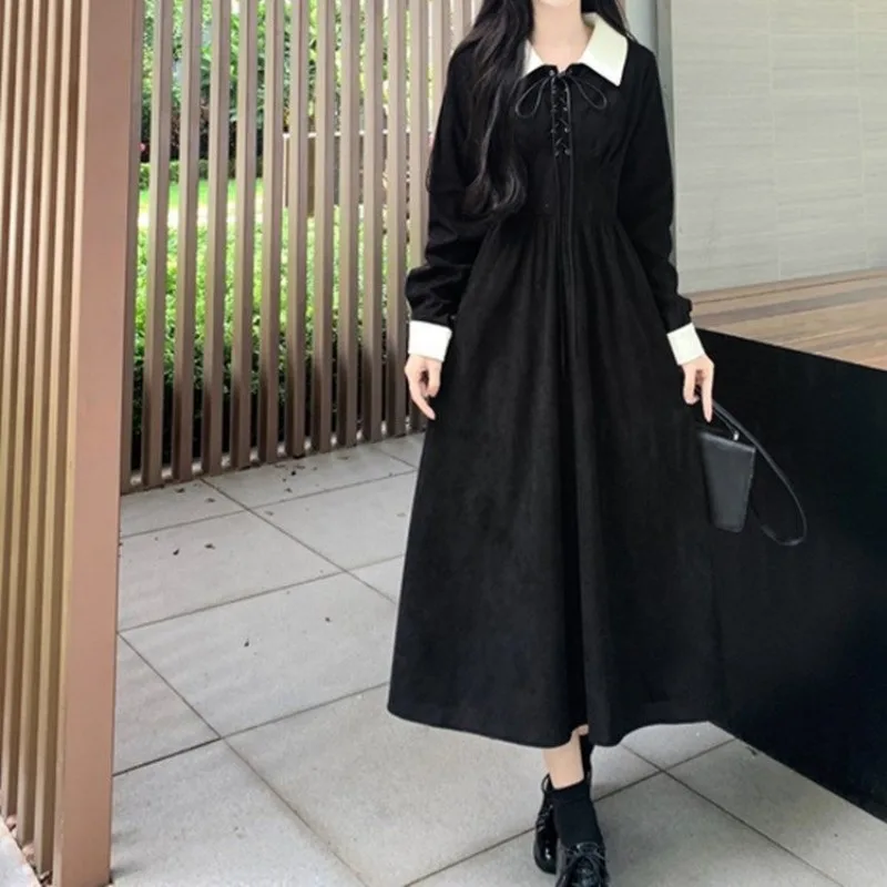 Women Vintage Corduroy Bandage Contrast Color High Waist Elegant Party Dresses Y2K Harajuku Long Sleeve Slim Midi Dress Vestidos