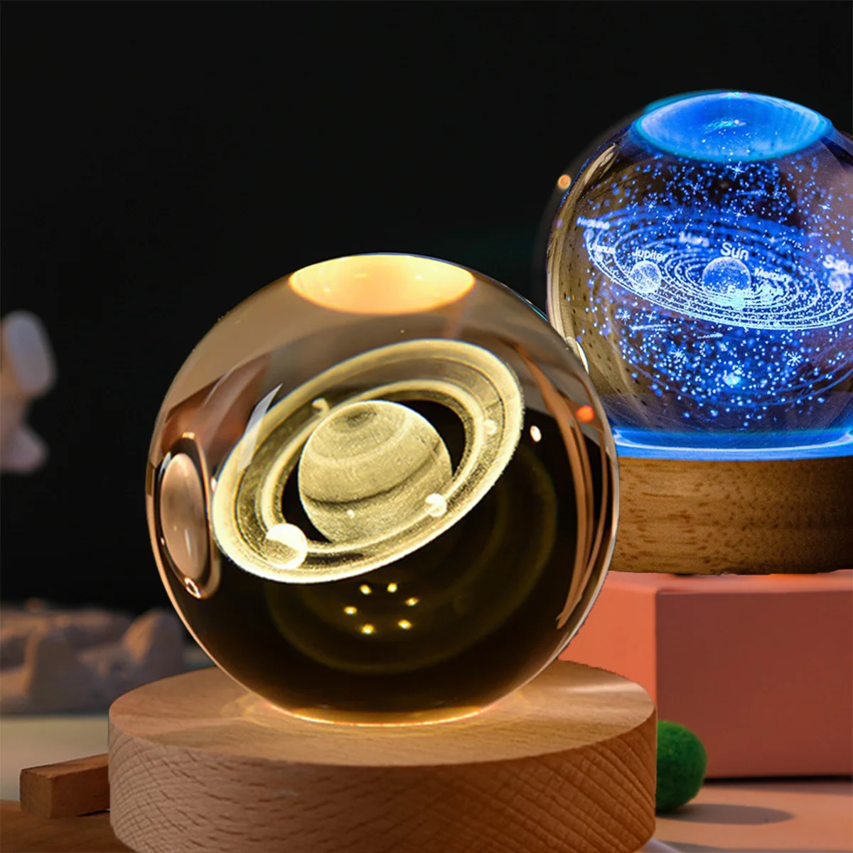 6cm 3D Crystal Ball Colorful Light Warm Light Planet Night Light Laser Carving Solar System Earth Galaxy Cartoon Pattern Gift