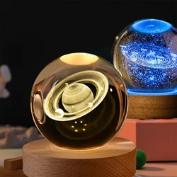 6cm 3D Crystal Ball Colorful Light Warm Light Planet Night Light Laser Carving Solar System Earth Galaxy Cartoon Pattern Gift