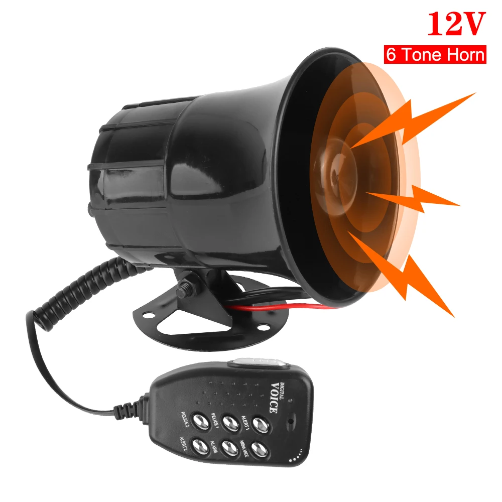 

12V 100W Police Siren Loud Speaker 120DB Loud 6 Tone Car Warning Alarm Megaphone Car Horn Air Horn Multi-tone Claxon Horn