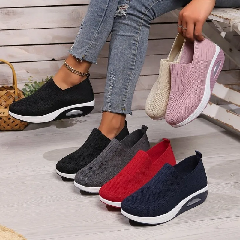 

Womens Slip on Walking Shoes Breathable Knit Mesh Air Cushion Platform Wedge Sneakers Casual Comfort Sporty Lightweight Footwear