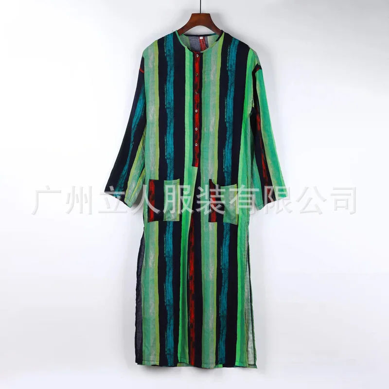 Muslim Clothes 2025 Southeast Asian New Fashion Men's Casual Trendy Long Sleeve O-neck Straight Striped Loose Jubba Thobe Male