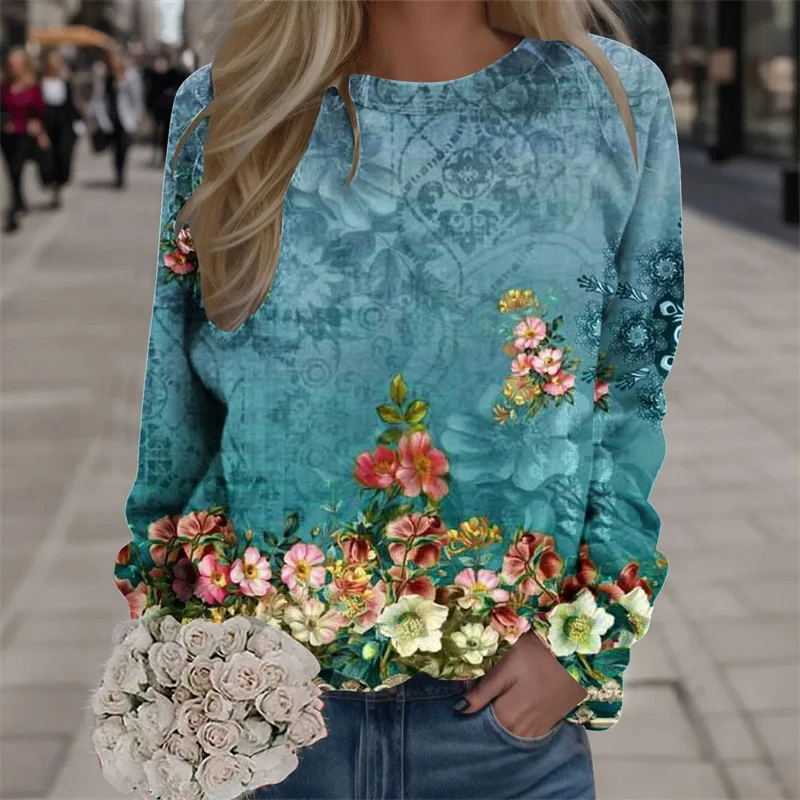 Harajuku New 3D Printing Colorful Flowers Sweatshirts Fashion Women Streetwear Pullovers Winter Girls Floral Graphic Clothes Top