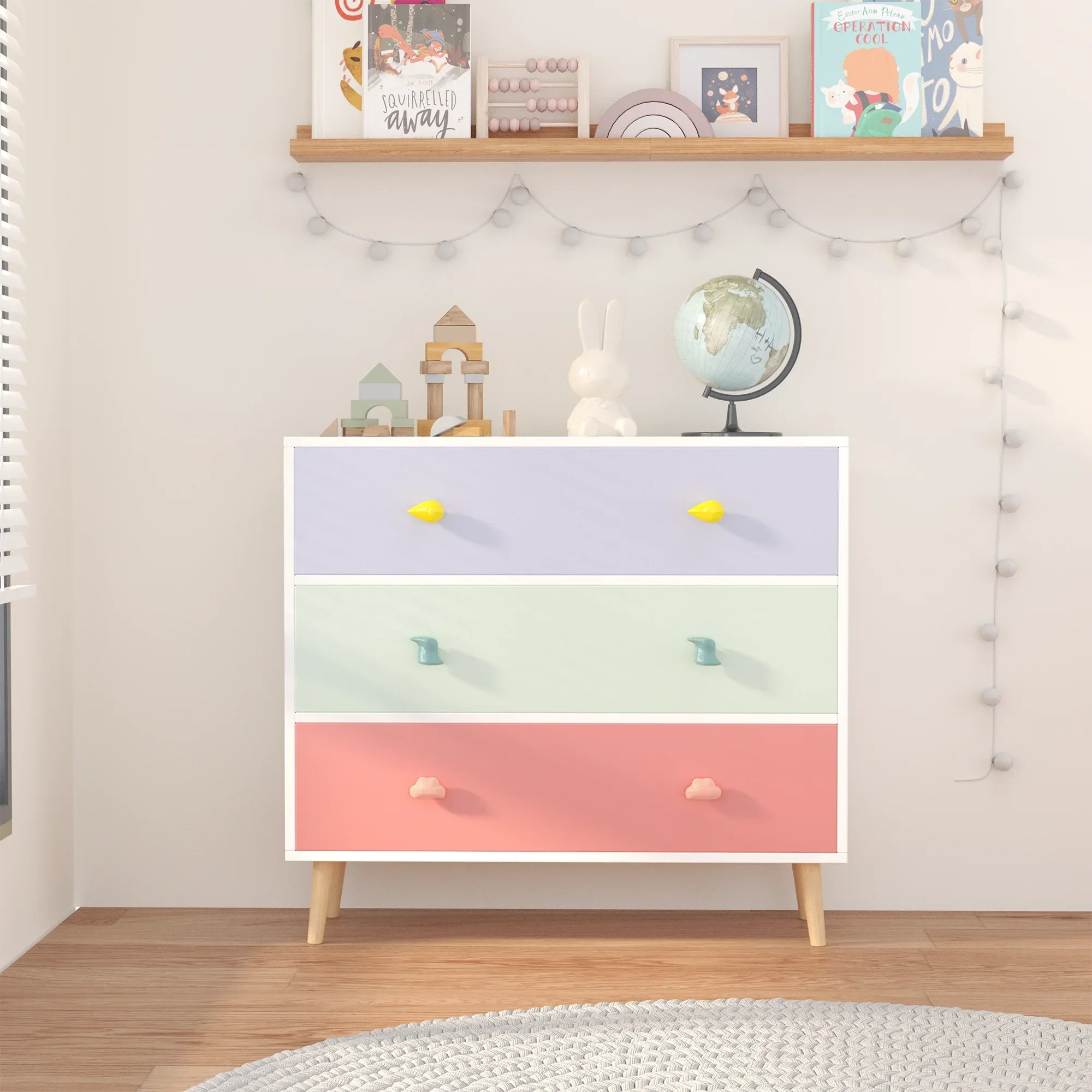 

Children's Wooden 3-Drawer Nightstand with Storage Cabinet, Toddler Room Euro Glide Night Table for Child Safety and Organizatio