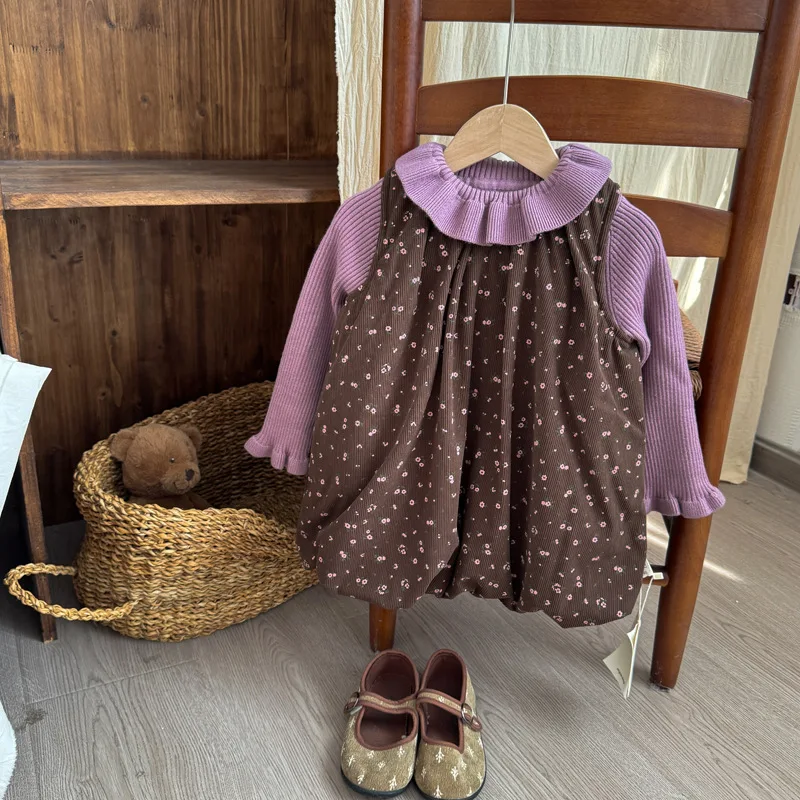 

2025 Winter New Girls Padded Dress Thick Warm Children Sleeveless Corduroy Dress Baby Girl Floral Lantern Dress Kids Vest Dress
