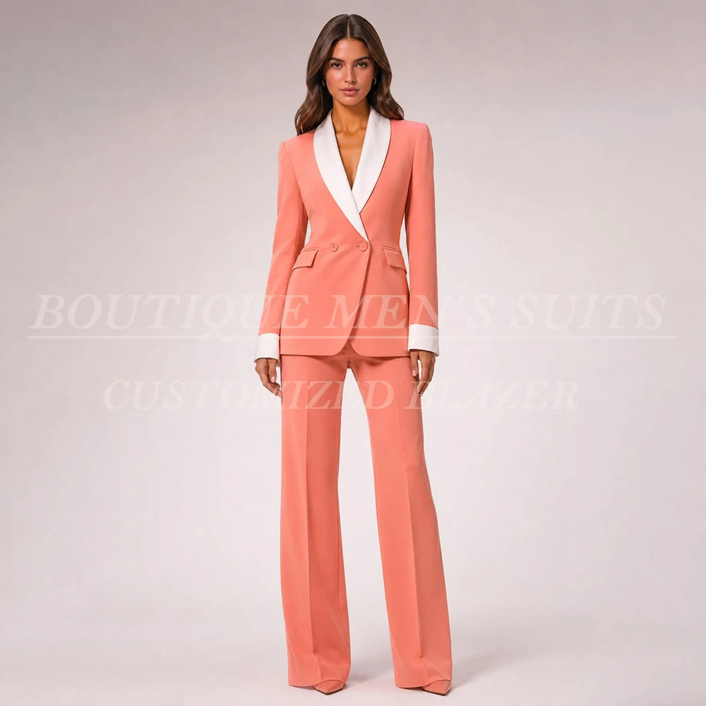 High Quality Women's Suits Customized White Shawl Lapel Blazer Slim Fit Double Breasted 2 Piece Jacket Pants Full Sets