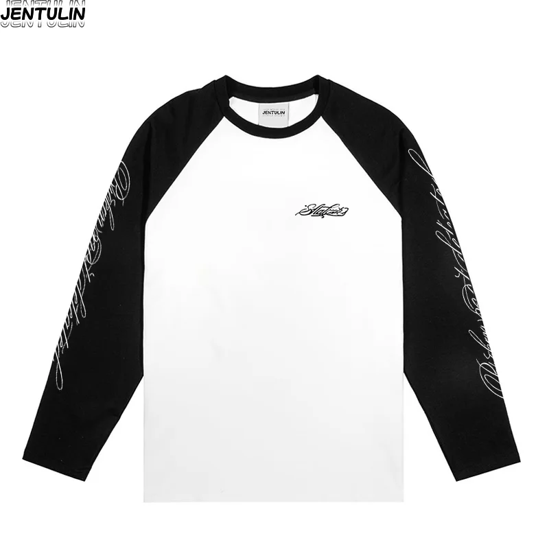 Harajuku Amerikanischen Retro Gewaschen Splice Brief Müll Gedruckt Lange Ärmeln T-shirt Casual Lose Street Style Y2k Top Straße Tragen