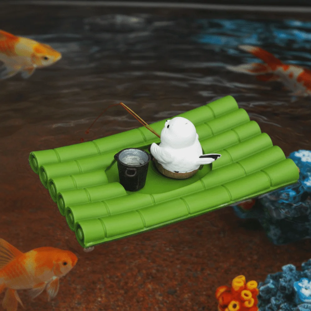 

Realistic Aquarium Bamboo Raft Decor Auto-Floating Mini Panda Fishing Raft Handmade Plastic Fishing Ornament Fish Tank Decor