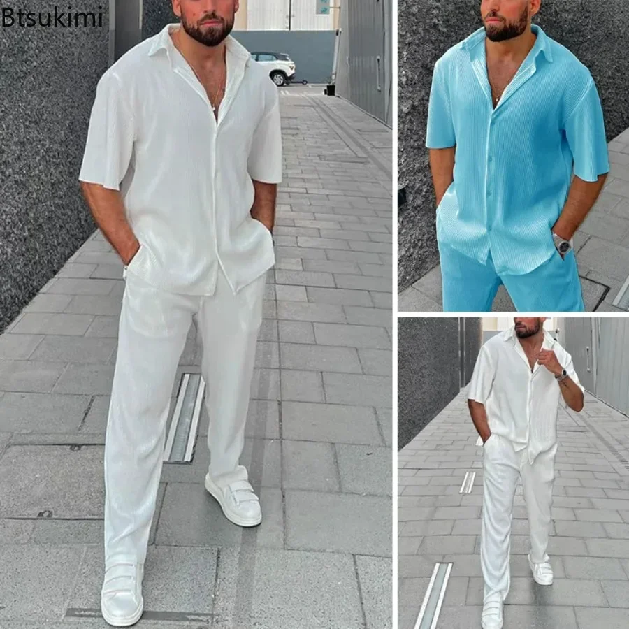 2024 Men\'s Two-piece Pants Sets White Blue Lapel Button Short Sleeve Shirt + Long Pants Sets Casual Soft Beach Outfits Men Sets