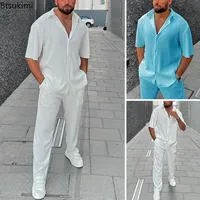 2025 Men's Two-piece Pants Sets White Blue Lapel Button Short Sleeve Shirt + Long Pants Sets Casual Soft Beach Outfits Men Sets