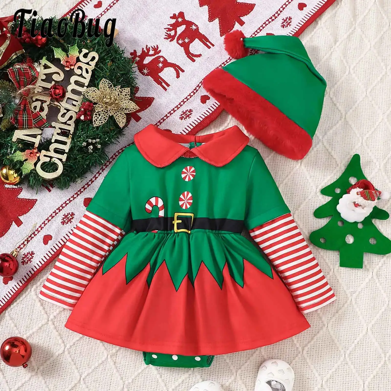 

Newborn Baby Girls Christmas Outfit Long Sleeve Stripes Christmas Romper Dress with Hat Set Xmas New Year Party Girl Clothes