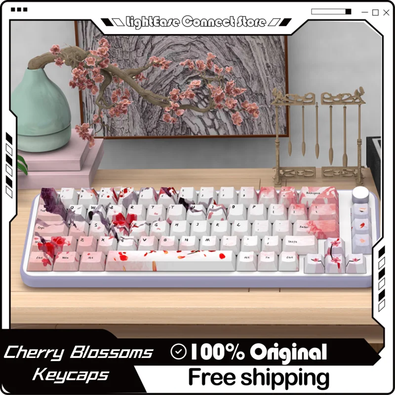 Ink Cherry Blossom Themed Keycaps 138/158 Original Factory Height Pbt Hot Sublimation Pink Cartoon Mechanical Keyboard Keycaps