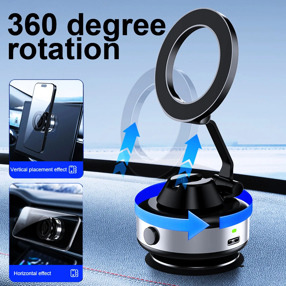 

Электрический вакуумный автомобильный держатель для телефона 360° ° Вращение N52, сильная магнитная складная подставка для iphone 17, 16, 15 Pro Max, подставка для громкой связи