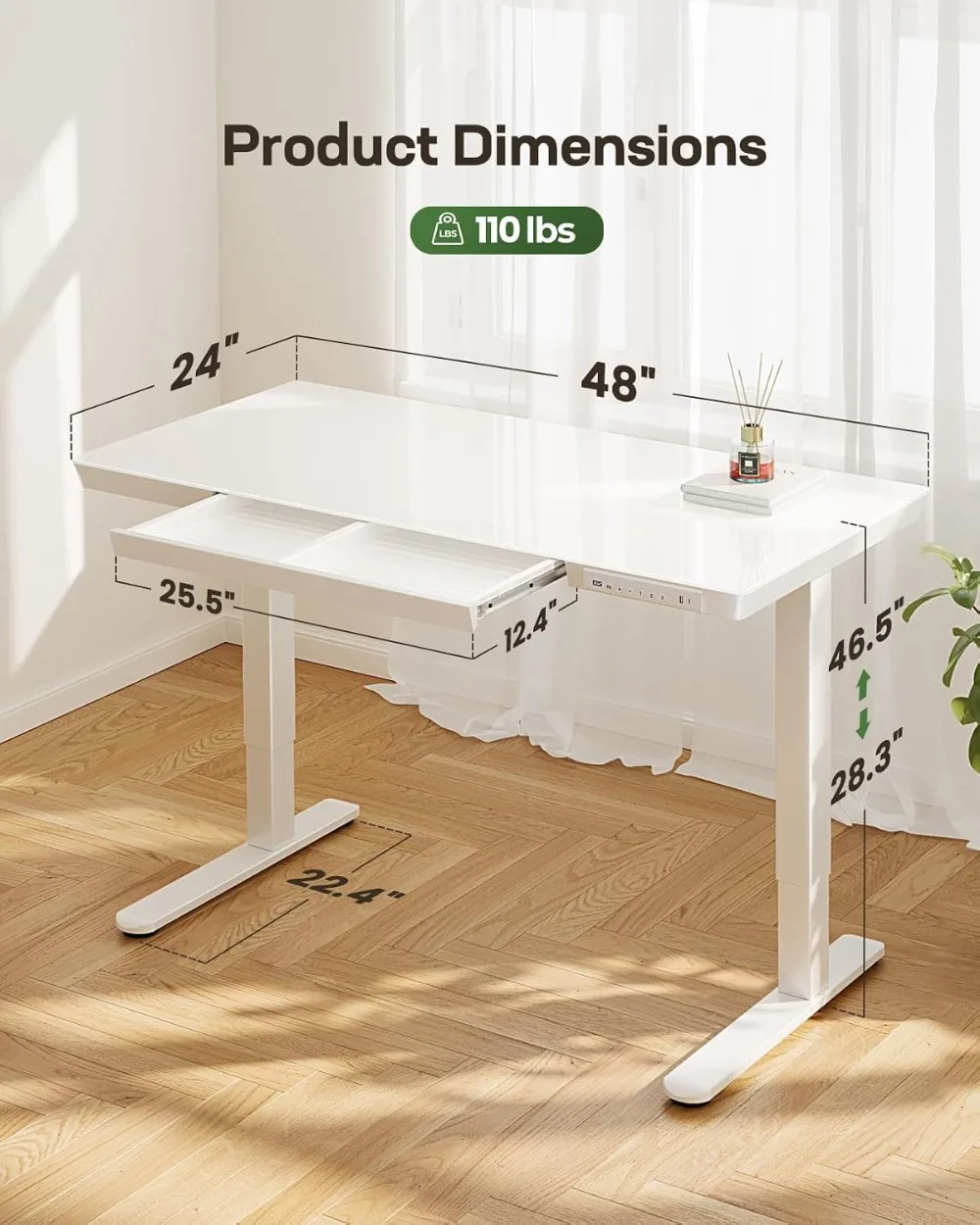 Glass Standing Desk with Drawer, 48x24 Electric Adjustable, USB Ports, Sit Stand Home Office White
