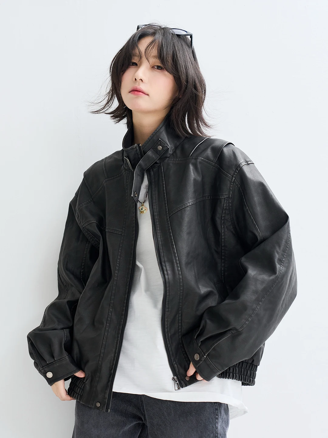 

Universal avitation Museum Stand Collar Leather Jaet Women's Spring Autumn Sle Loose Neutral Motorcycle Windproof Top