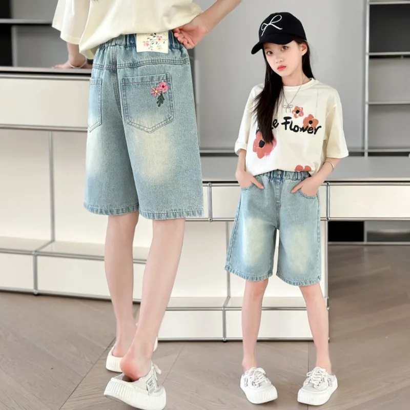 New 2025 Girls Summer Casual Thin Denim Shorts Trousers Children Fashion Floral Embroidery Jeans Clothing for 5-12 Years
