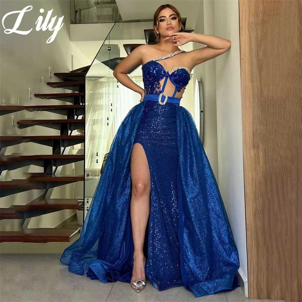 

Lily Blue Evening Gown Sequin Mermaid Sexy Prom Dress with Sashes Pleat One Shoulder Split Wedding Evening Dress robes de soirée