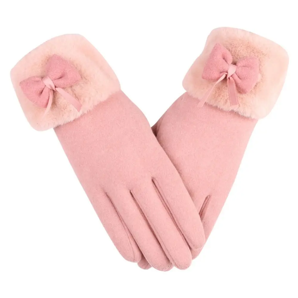 Fashion Plush Warm Gloves Bowtie Thickened Driving Mittens All Finger Daily Cycling Gloves for Outdoor