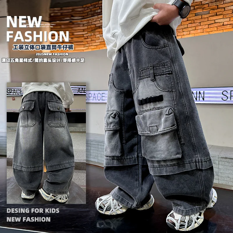 

Boys Cargo Jeants Spring Autumn Teenagers Boys Fashionable American Three-dimensional Pocket Loose Straight-leg Pants Trousers