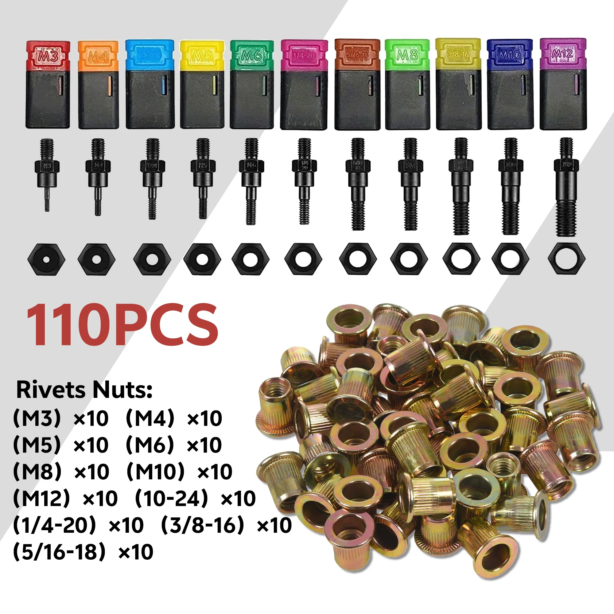 16 Inch Rivet Nut Tool, Professional Rivet Nut Tool Kit with 11 Metric & Inch 110pcs Rivnuts and Case - WE-889
