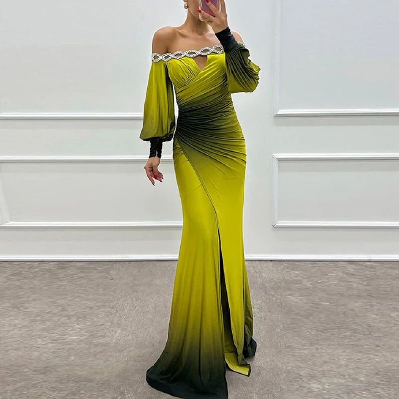 2024 Tie-dyed Bodycon Split Party Dress Chic Asymmetric Evening Dress Elegant Beading Decoration One Shoulder Gala Dress Women