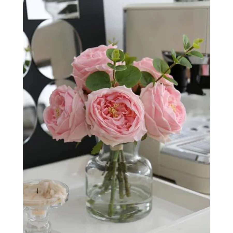 

Artificial Flowers with Pink Roses in Vase, Lifelike Fake Flowers in Vase, Faux Flower Arrangements for Dining Table Centerpiec