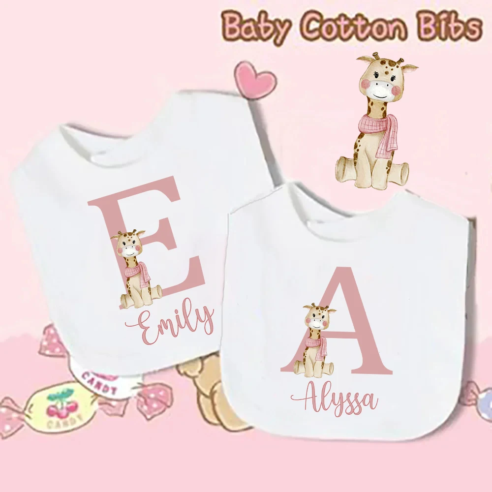 Personalized Baby Bib Deer Initial with Name Girls Cotton Bibs Newborn Saliva Towel Flower Print Bib Baptism Infant Shower Gifts